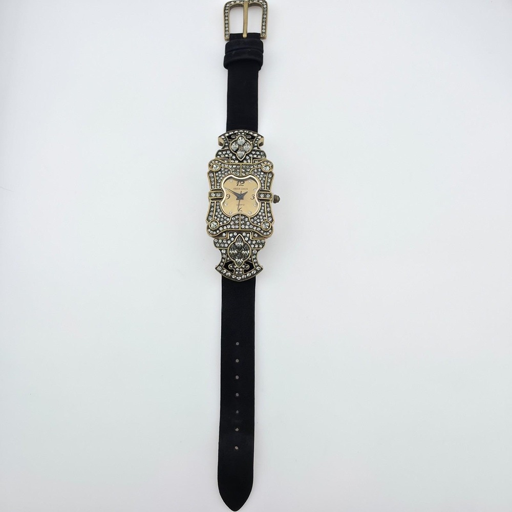 Vtg HEIDI DAUS Ladies Watch SWAROVSKI Crystals Black Leather Band Gold Finish 7" - Picture 6 of 14